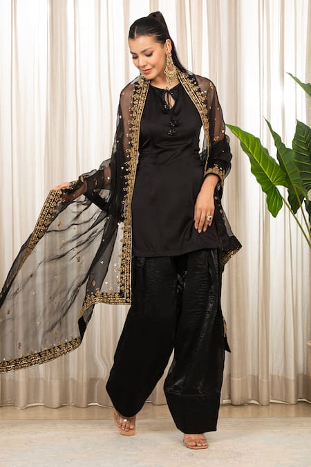 Shop_Esha Koul_Black Chanderi, Satin, Organza Sequins Open Neck Embellished Kurta Set _at_Aza_Fashions