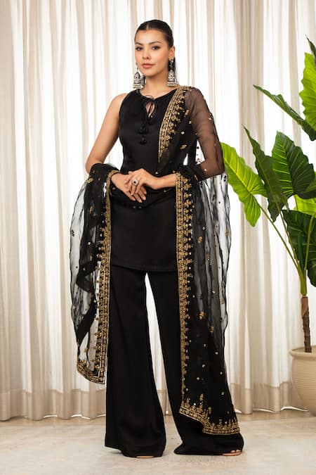 Shop_Esha Koul_Black Sequins, Embroidery Kurta Set With Dupatta _at_Aza_Fashions