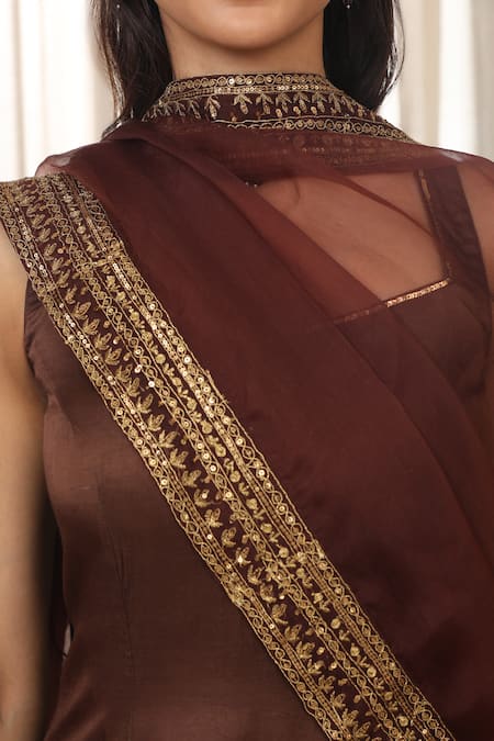 Esha Koul_Brown Embroidery Round Neck Kurta Set With Sharara _Online_at_Aza_Fashions