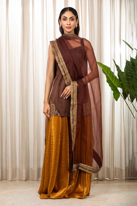 Shop_Esha Koul_Brown Embroidery Round Neck Kurta Set With Sharara _Online_at_Aza_Fashions