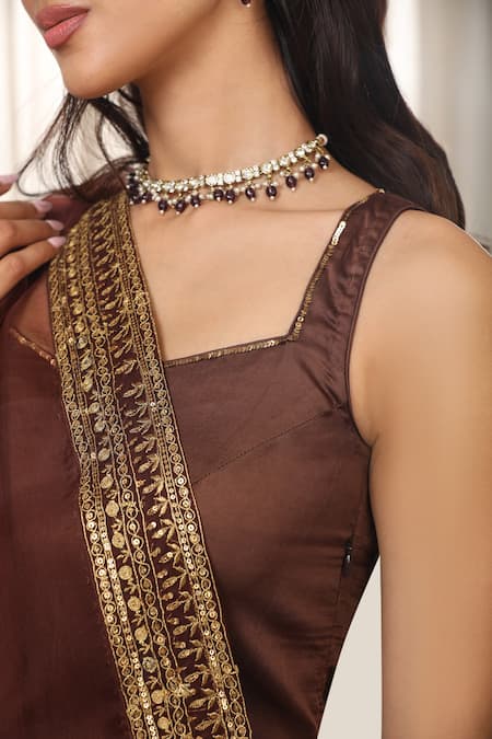 Esha Koul_Brown Embroidery Round Neck Kurta Set With Sharara _at_Aza_Fashions