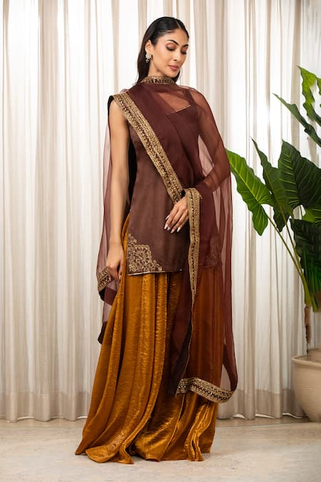 Shop_Esha Koul_Brown Embroidery Round Neck Kurta Set With Sharara _at_Aza_Fashions