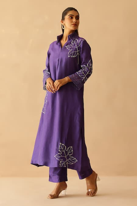Masoomm_Purple Silk, Cotton Embroidery V-neck Tunic Set _Online_at_Aza_Fashions