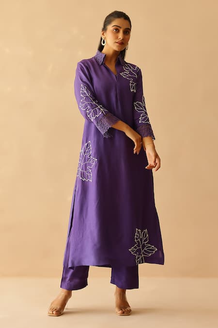 Buy_Masoomm_Purple Silk, Cotton Embroidery V-neck Tunic Set _Online_at_Aza_Fashions