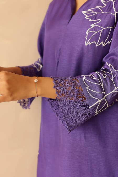 Shop_Masoomm_Purple Silk, Cotton Embroidery V-neck Tunic Set _Online_at_Aza_Fashions