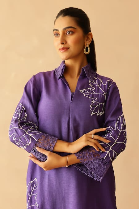Masoomm_Purple Silk, Cotton Embroidery V-neck Tunic Set _at_Aza_Fashions