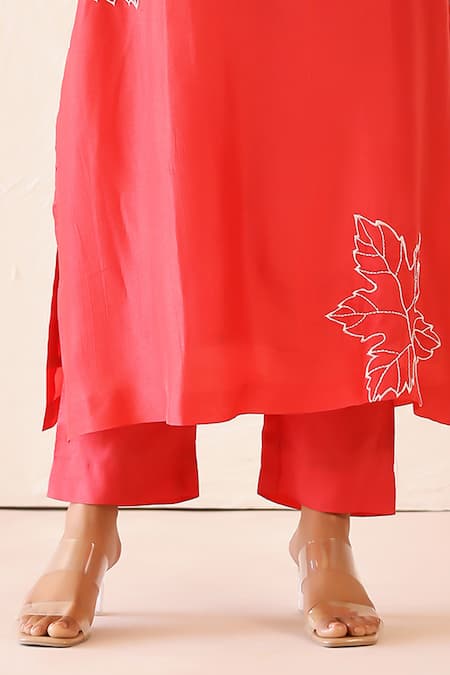 Masoomm_Coral Silk, Cotton Embroidery V-neck Pink Tunic Set _Online_at_Aza_Fashions