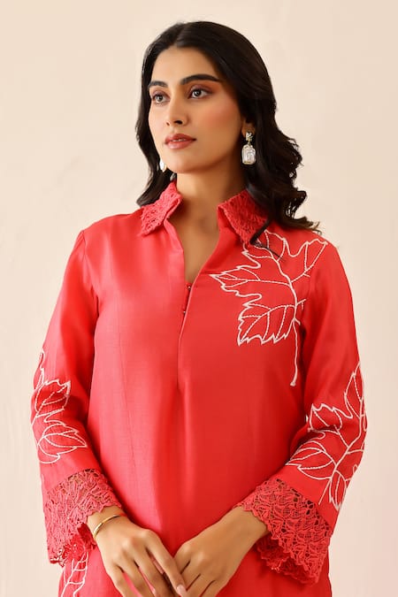 Buy_Masoomm_Coral Silk, Cotton Embroidery V-neck Pink Tunic Set _Online_at_Aza_Fashions