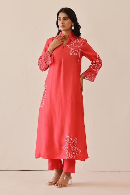 Shop_Masoomm_Coral Silk, Cotton Embroidery V-neck Pink Tunic Set _Online_at_Aza_Fashions