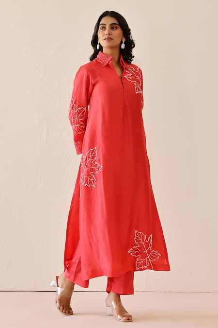 Masoomm_Coral Silk, Cotton Embroidery V-neck Pink Tunic Set _at_Aza_Fashions
