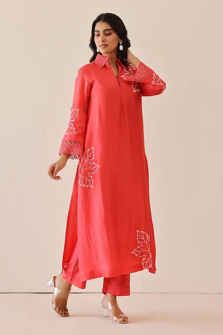 Buy_Masoomm_Coral Silk, Cotton Embroidery V-neck Pink Tunic Set 
