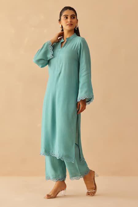 Buy_Masoomm_Aqua Embroidery Collared Blue Floral Lace Tunic Set _Online_at_Aza_Fashions