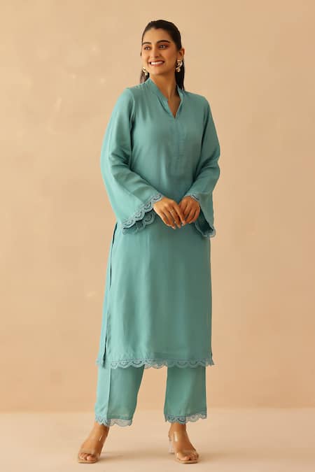 Shop_Masoomm_Aqua Embroidery Collared Blue Floral Lace Tunic Set _Online_at_Aza_Fashions