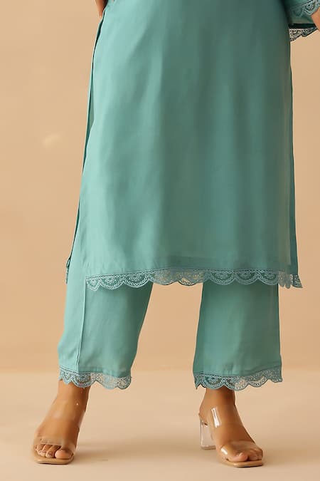 Masoomm_Aqua Embroidery Collared Blue Floral Lace Tunic Set _at_Aza_Fashions