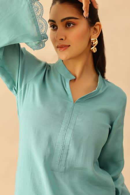 Buy_Masoomm_Aqua Embroidery Collared Blue Floral Lace Tunic Set 