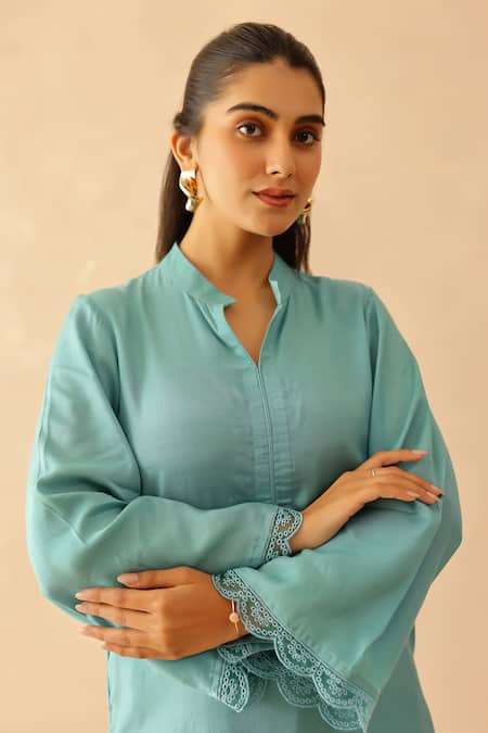 Shop_Masoomm_Aqua Embroidery Collared Blue Floral Lace Tunic Set 