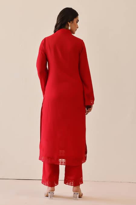 Shop_Masoomm_Maroon Lace, Embroidery Collared Floral Embellished Tunic Set _at_Aza_Fashions