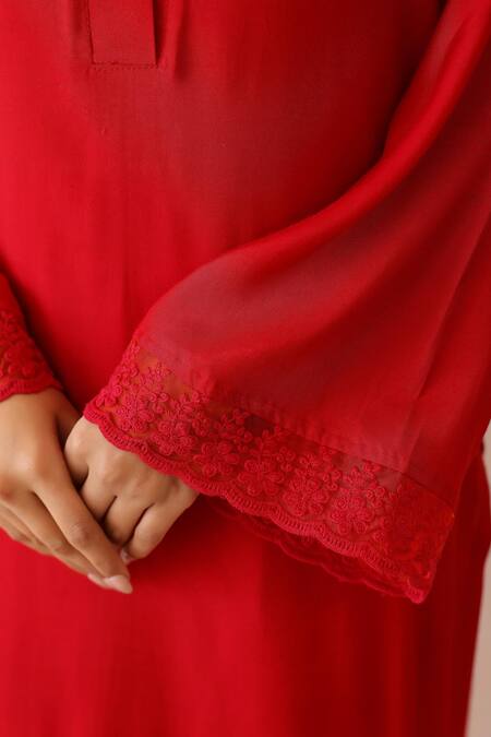 Shop_Masoomm_Maroon Lace, Embroidery Collared Floral Embellished Tunic Set _Online_at_Aza_Fashions