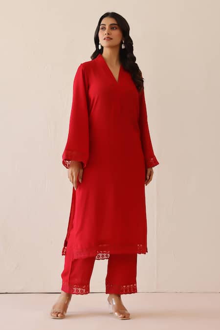 Masoomm_Maroon Lace, Embroidery Collared Floral Embellished Tunic Set _at_Aza_Fashions