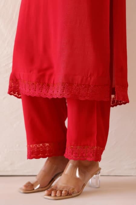 Buy_Masoomm_Maroon Lace, Embroidery Collared Floral Embellished Tunic Set 