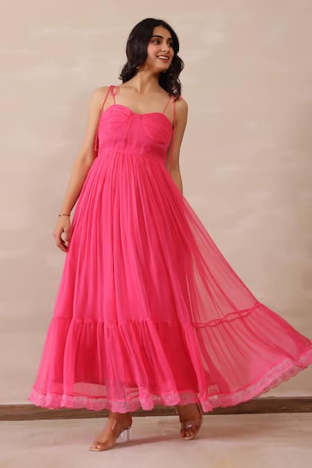 Buy_Masoomm_Pink Chiffon, Cotton Lace Sweetheart Neck Flared Maxi Dress _Online_at_Aza_Fashions