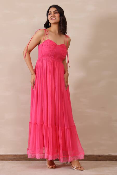 Shop_Masoomm_Pink Chiffon, Cotton Lace Sweetheart Neck Flared Maxi Dress _Online_at_Aza_Fashions