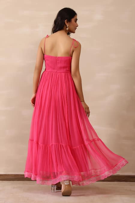 Masoomm_Pink Chiffon, Cotton Lace Sweetheart Neck Flared Maxi Dress _Online_at_Aza_Fashions
