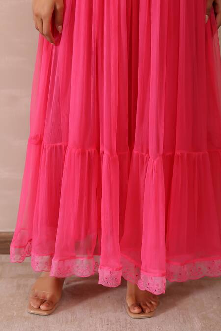 Masoomm_Pink Chiffon, Cotton Lace Sweetheart Neck Flared Maxi Dress _at_Aza_Fashions