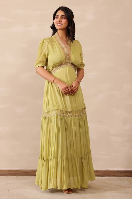 Buy_Masoomm_Green Chiffon, Cotton Lace V-neck Sage Tired Maxi Dress _Online_at_Aza_Fashions