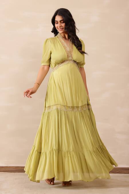Shop_Masoomm_Green Chiffon, Cotton Lace V-neck Sage Tired Maxi Dress _Online_at_Aza_Fashions