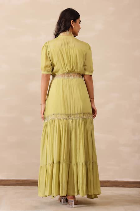 Masoomm_Green Chiffon, Cotton Lace V-neck Sage Tired Maxi Dress _Online_at_Aza_Fashions