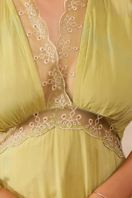 Buy_Masoomm_Green Chiffon, Cotton Lace V-neck Sage Tired Maxi Dress 