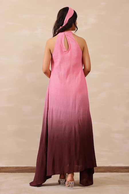 Shop_Masoomm_Multi Color Crepe, Cotton Halter Neck Pink Ombre Maxi Dress _at_Aza_Fashions