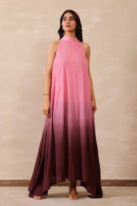 Masoomm_Multi Color Crepe, Cotton Halter Neck Pink Ombre Maxi Dress _Online_at_Aza_Fashions