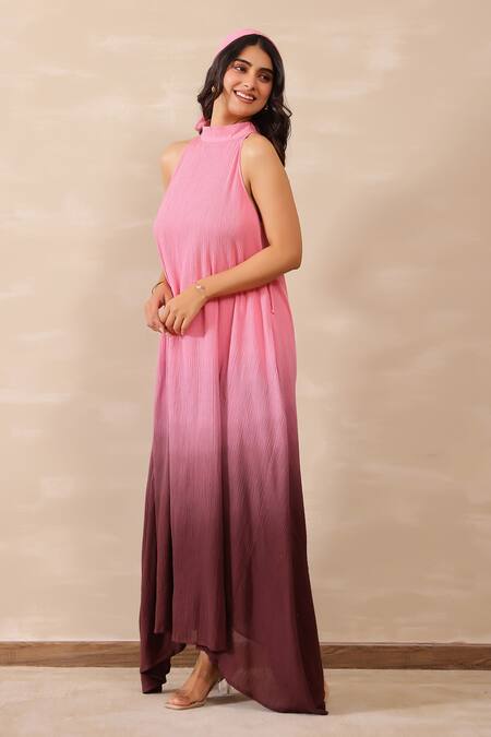 Buy_Masoomm_Multi Color Crepe, Cotton Halter Neck Pink Ombre Maxi Dress _Online_at_Aza_Fashions