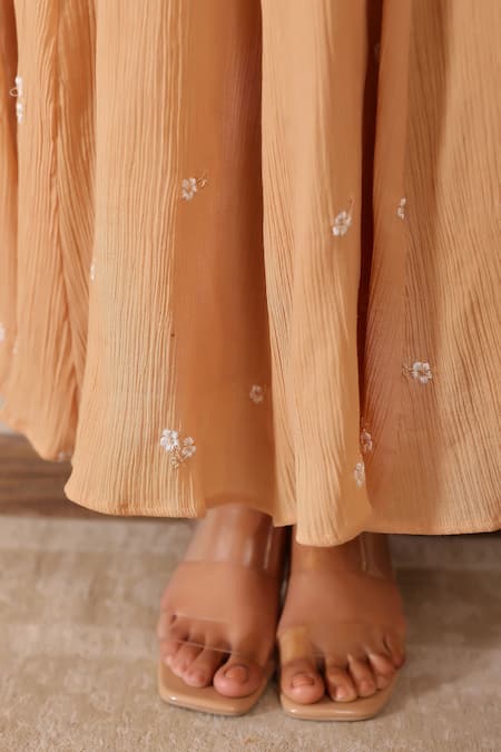 Masoomm_Beige Crepe, Cotton Embroidery Sweetheart Neck Floral Maxi Dress _Online_at_Aza_Fashions