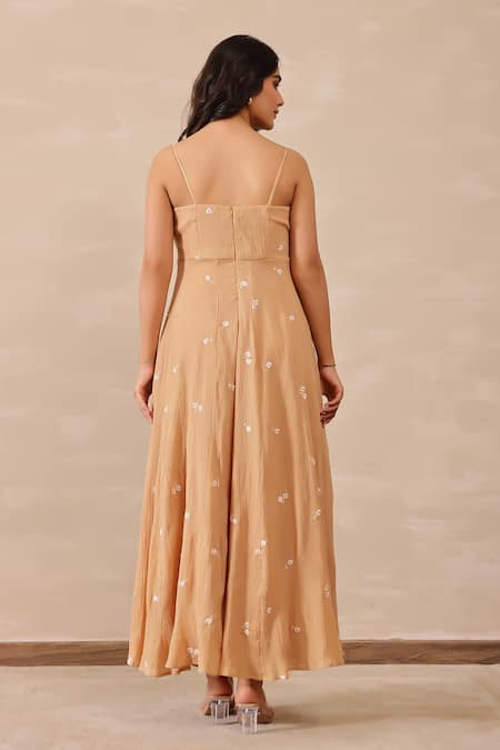 Shop_Masoomm_Beige Crepe, Cotton Embroidery Sweetheart Neck Floral Maxi Dress _at_Aza_Fashions