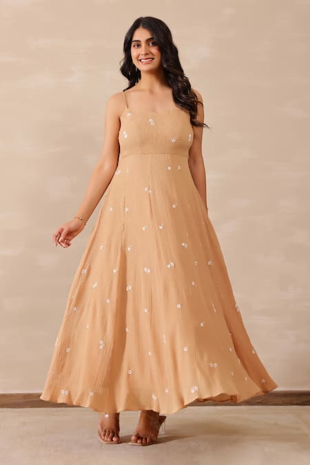Masoomm_Beige Crepe, Cotton Embroidery Sweetheart Neck Floral Maxi Dress _at_Aza_Fashions