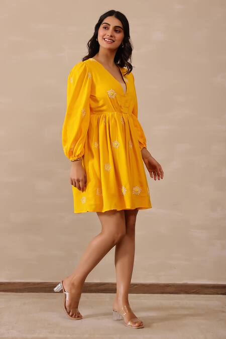Buy_Masoomm_Yellow Cotton Embroidery V-neck Daisy Dress _Online_at_Aza_Fashions