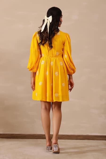 Masoomm_Yellow Cotton Embroidery V-neck Daisy Dress _Online_at_Aza_Fashions