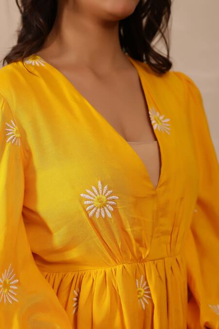 Shop_Masoomm_Yellow Cotton Embroidery V-neck Daisy Dress _Online_at_Aza_Fashions