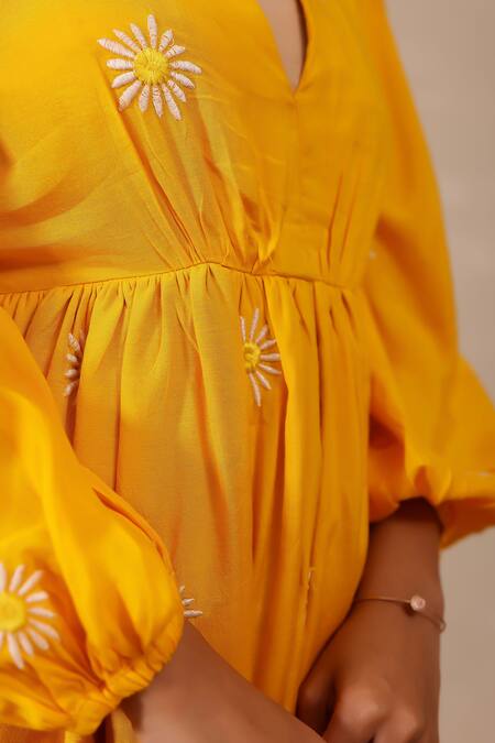 Masoomm_Yellow Cotton Embroidery V-neck Daisy Dress _at_Aza_Fashions