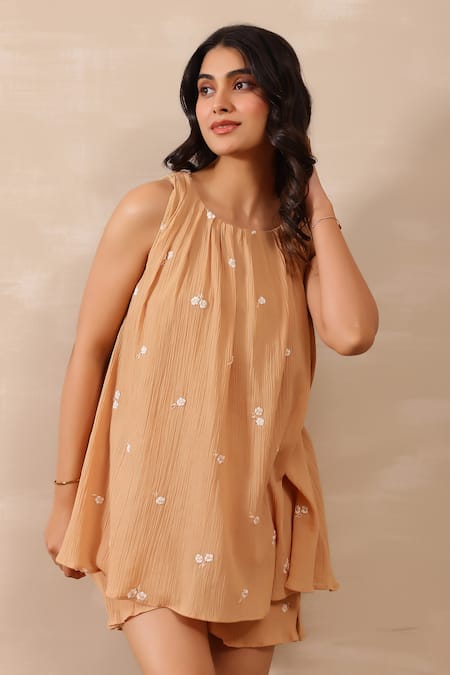 Masoomm_Beige Crepe, Cotton Embroidery Halter Neck Floral Co-ord Set _Online_at_Aza_Fashions