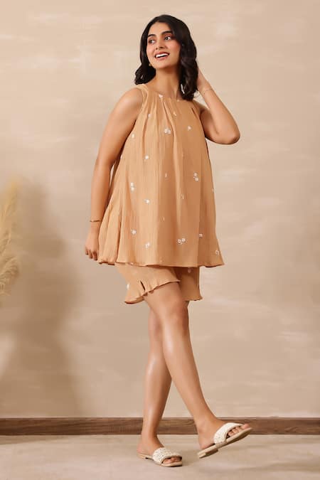 Buy_Masoomm_Beige Crepe, Cotton Embroidery Halter Neck Floral Co-ord Set _Online_at_Aza_Fashions