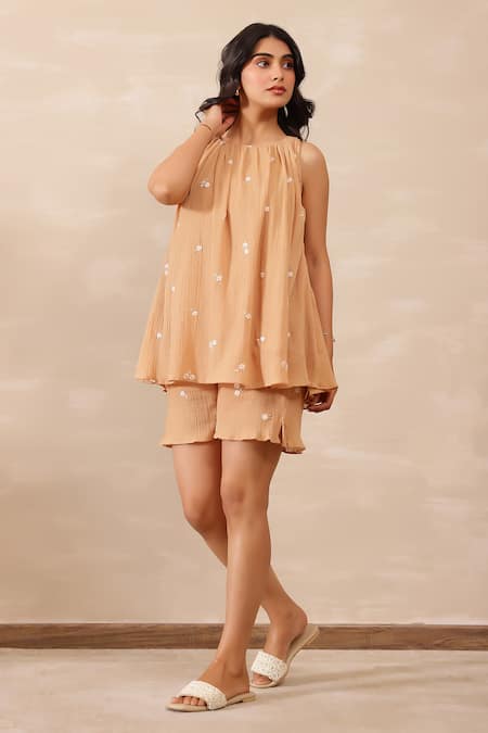 Shop_Masoomm_Beige Crepe, Cotton Embroidery Halter Neck Floral Co-ord Set _Online_at_Aza_Fashions