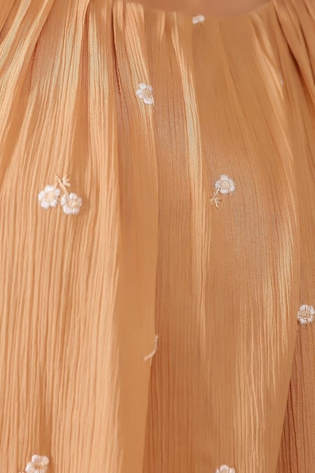 Masoomm_Beige Crepe, Cotton Embroidery Halter Neck Floral Co-ord Set _at_Aza_Fashions