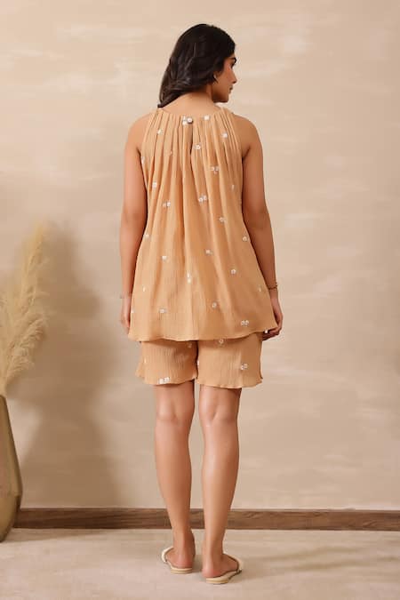 Shop_Masoomm_Beige Crepe, Cotton Embroidery Halter Neck Floral Co-ord Set _at_Aza_Fashions
