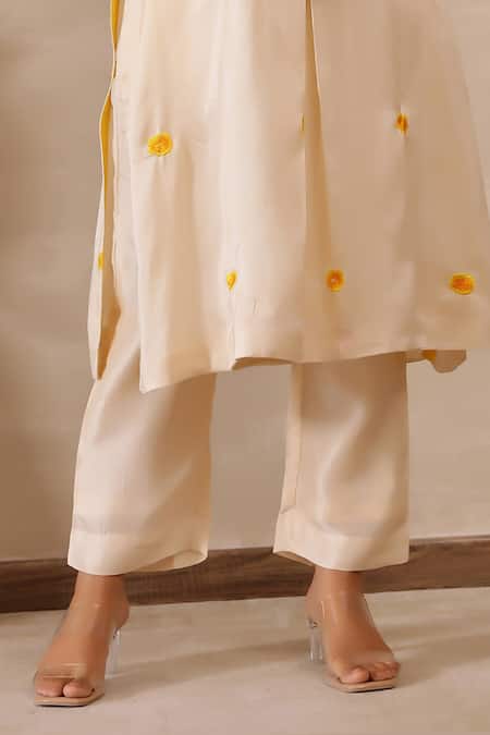 Masoomm_Off White Silk, Cotton Embroidery Round Neck Antique Floral Tunic Set _Online_at_Aza_Fashions