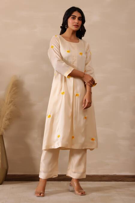 Shop_Masoomm_Off White Silk, Cotton Embroidery Round Neck Antique Floral Tunic Set _Online_at_Aza_Fashions