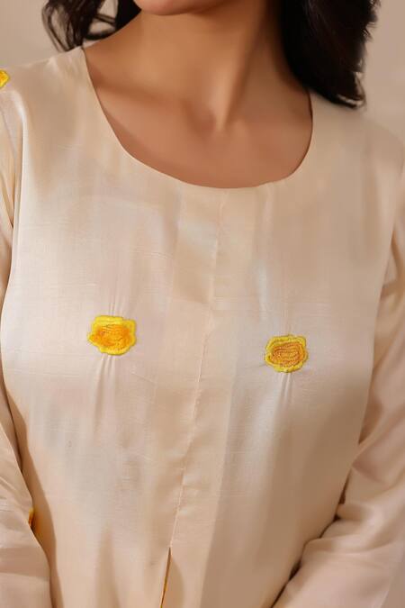 Masoomm_Off White Silk, Cotton Embroidery Round Neck Antique Floral Tunic Set _at_Aza_Fashions